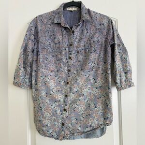 love, Fire Floral Button Down Shirt - Blue and Pink